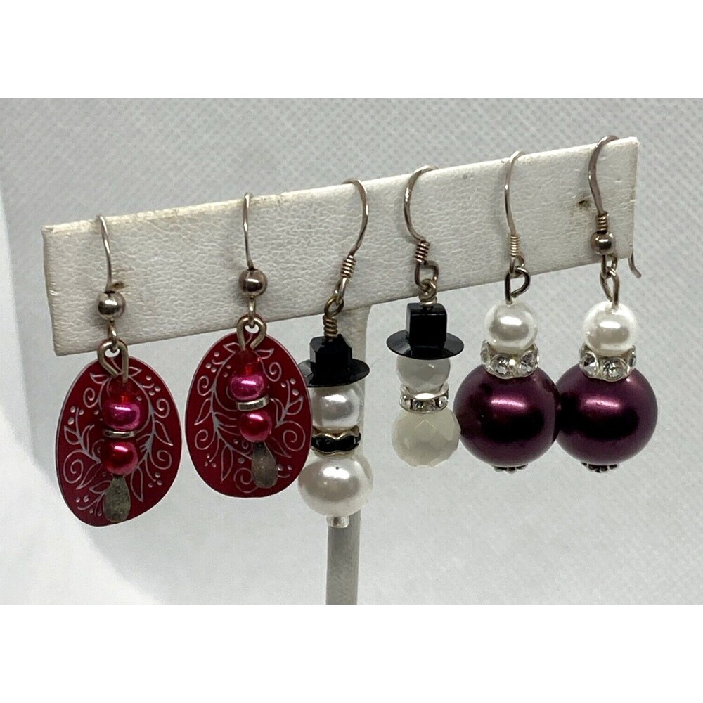 Vintage Lot of 3 Beaded Dangle Earrings Sterling 925 Silver 11g Snowman Purple